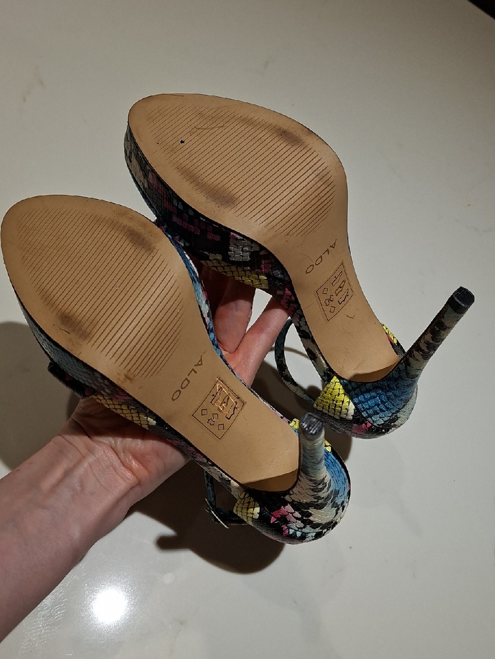Aldo Leather Rainbow-print Snakeskin Platform Strappy Heeled Sandals (Size US 6) - Picture 6 of 8